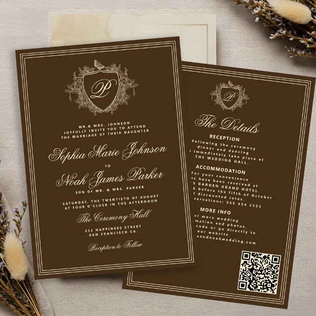 Invitación Classic brown QR code formal monogram wedding  (Subido por el creador)
