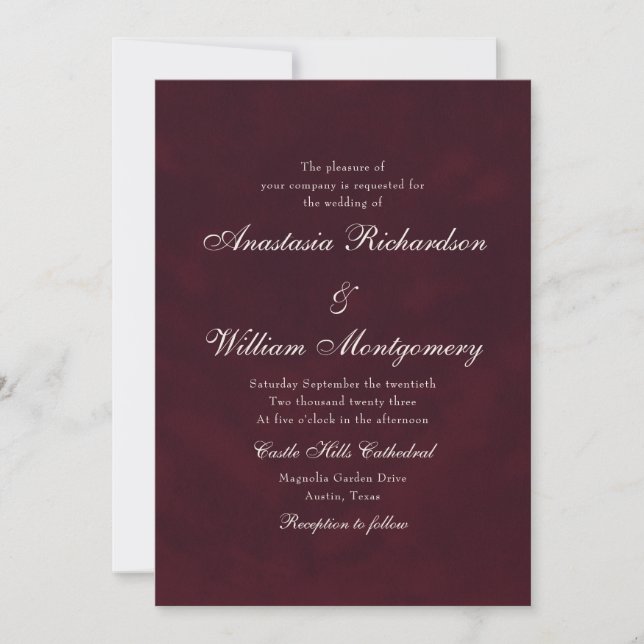 Invitación Classic Burgundy Deep Traditional Script Wedding (Anverso)