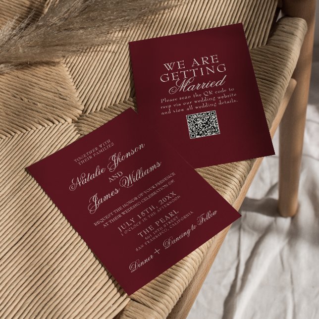 Invitación Classic Burgundy Fancy Old Money QR Code Wedding (Subido por el creador)