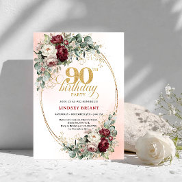 Invitación Classic Burgundy Floral Gold 90th Birthday Invite