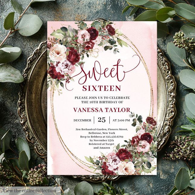 Invitación Classic Burgundy Floral Gold Sweet Sixteen Card (Classic Burgundy Floral Gold Sweet Sixteen Card)