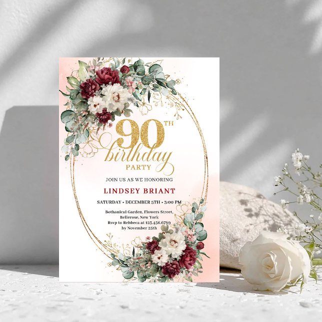 Invitación Classic Burgundy Flowers Gold 90th Birthday Invite (Classic Burgundy Flowers Gold 90th Birthday Invitation)