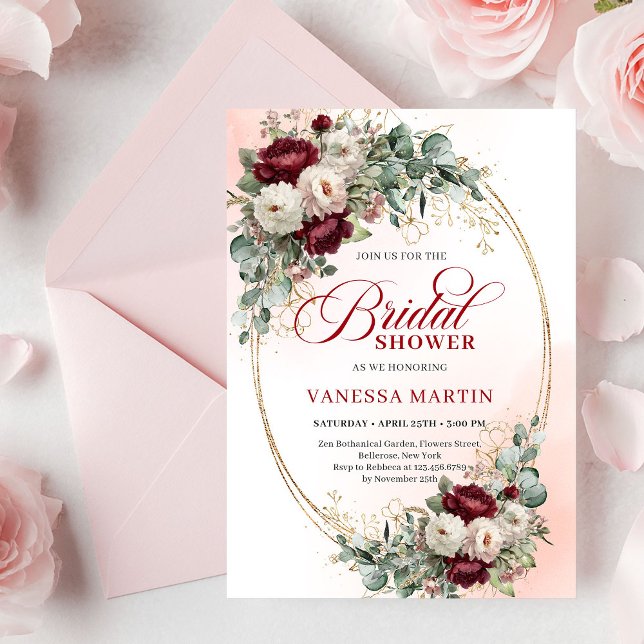 Invitación Classic Burgundy Flowers Gold Bridal Shower Card (Classic Burgundy Flowers Gold Bridal Shower Card

)