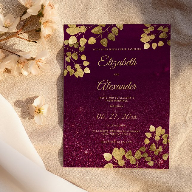Invitación Classic burgundy glitter gold eucalyptus Wedding (Classic burgundy glitter gold eucalyptus Wedding)