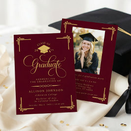 Invitación Classic Burgundy Gold Photo Graduation