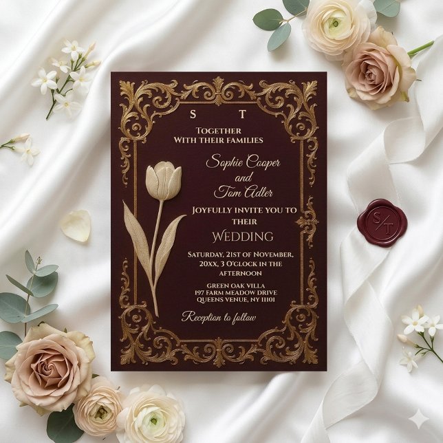 Invitación Classic Burgundy Ivory Gold Baroque Tulips Wedding (Classic Burgundy Ivory Gold Baroque Tulips Wedding Invitation)