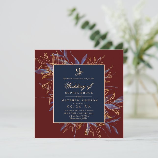Invitación Classic Burgundy Navy Blue Floral Wedding (Anverso de pie)