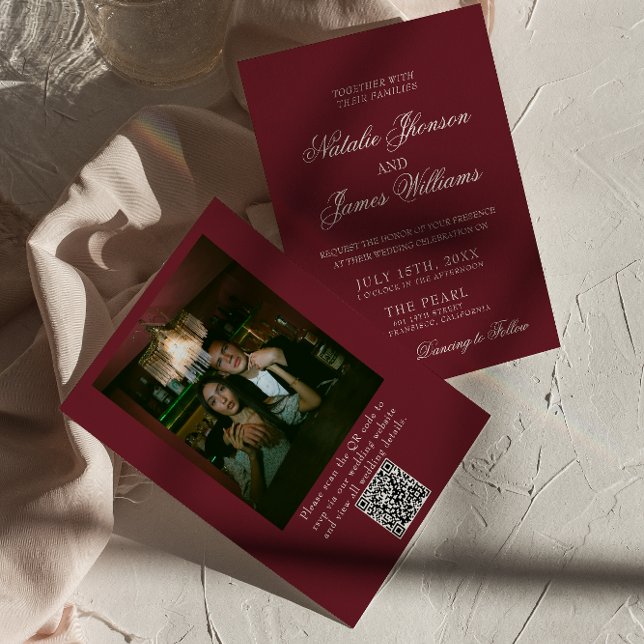 Invitación Classic Burgundy Old Money QR Code Photo Wedding (Subido por el creador)