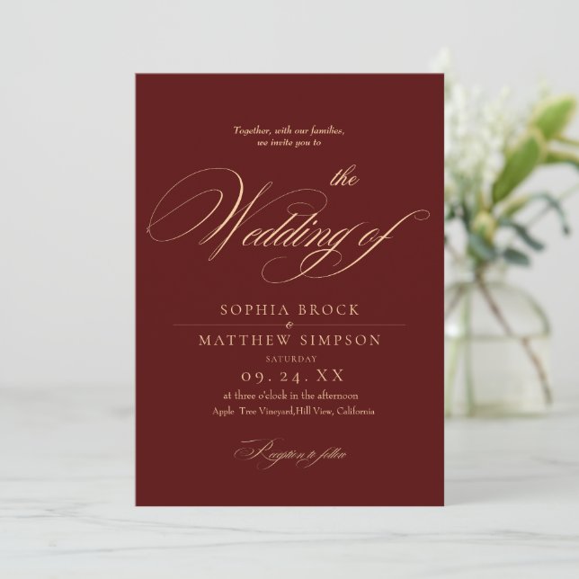 Invitación Classic Burgundy Script Wedding (Anverso de pie)