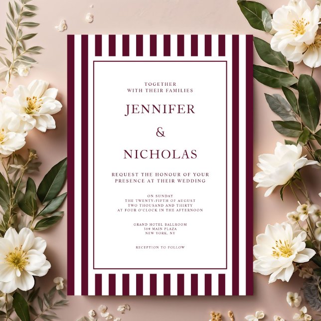 Invitación Classic Burgundy Stripes Wedding (Classic Burgundy Stripes Wedding Invitation)