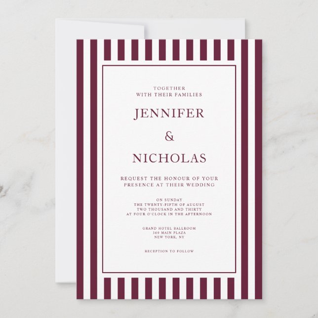 Invitación Classic Burgundy Stripes Wedding (Anverso)