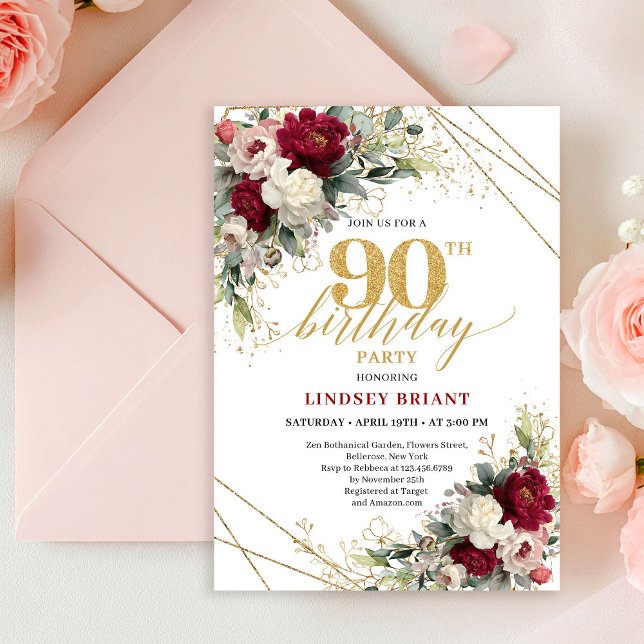 Invitación Classic Burgundy White Gold Roses 90th Birthday  (Classic Burgundy White Gold Roses 90th Birthday Card

)