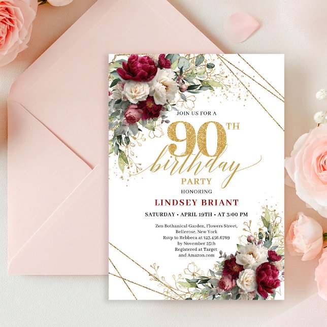 Invitación Classic Burgundy White Roses 90th Birthday Invite (Classic Burgundy White Roses 90th Birthday Invite)