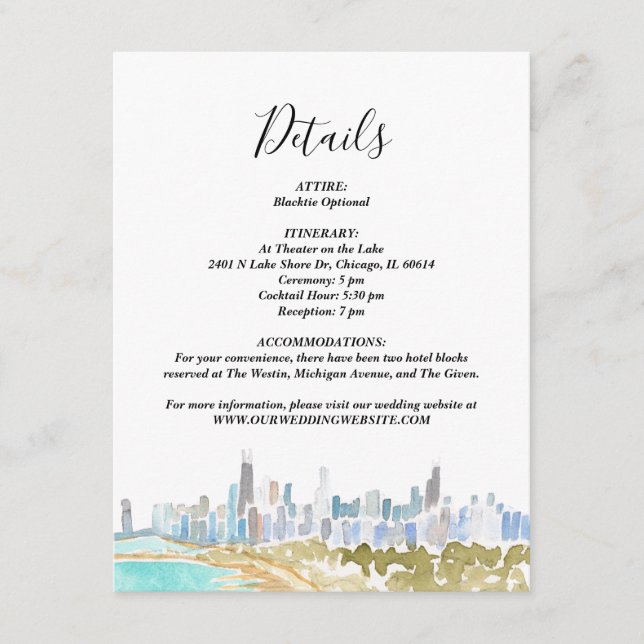 Invitación Classic Chicago Skyline Watercolor Details Card (Anverso)
