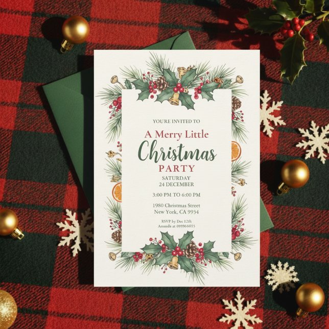 Invitación Classic Christmas Party Invitation Holly Frame (Traditional Christmas)