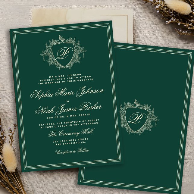 Invitación Classic crest monogram emerald green wedding (Subido por el creador)