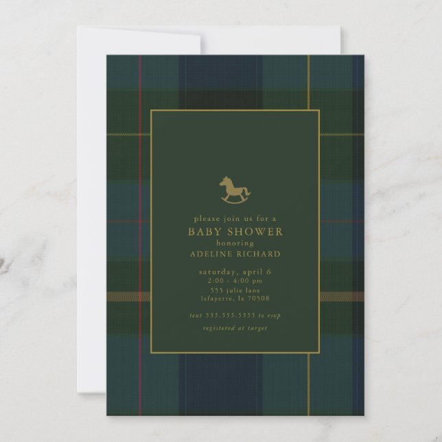 Invitación Classic Dark Green Plaid Equestrian Baby Shower (Anverso)
