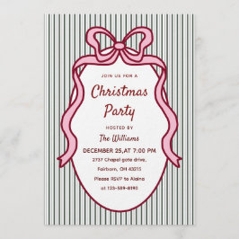 Invitación Classic Dark Green Stripes & Pink Bow Christmas