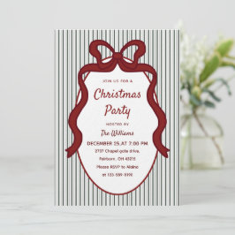 Invitación Classic Dark Green Stripes & Red Bow Christmas