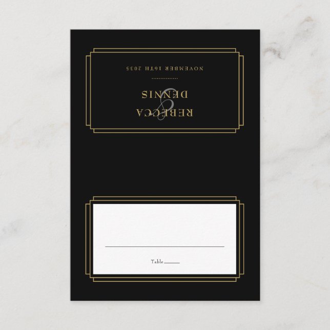 Invitación Classic Deco Black and Gold Wedding Place Card (Anverso)