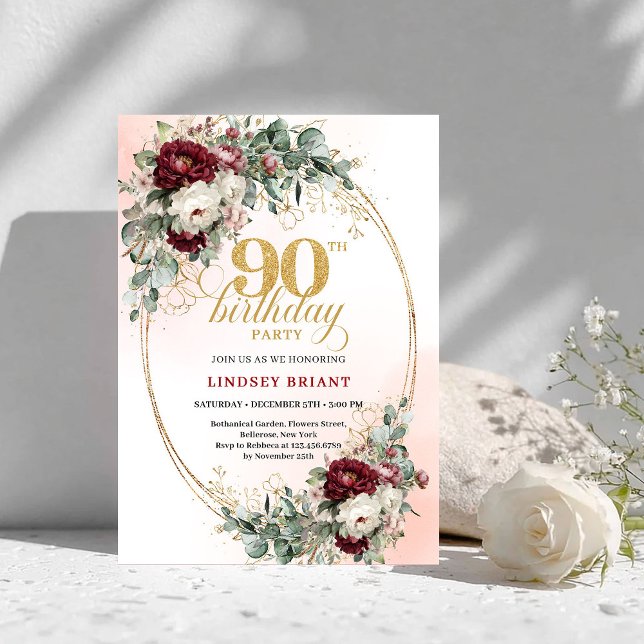 Invitación Classic Deep Red Peonies Gold 90th Birthday Invite (Classic Deep Red Peonies Gold 90th Birthday Invitation)