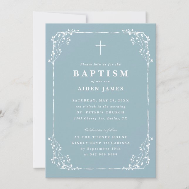 Invitación Classic Dusty Blue Dainty Floral Frame Baptism (Anverso)