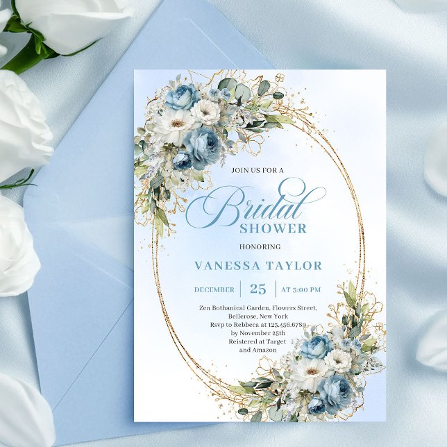 Invitación Classic Dusty Blue Floral Eucalyptus Bridal Shower (Classic Dusty Blue Floral Eucalyptus Bridal Shower Invite)