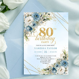 Invitación Classic Dusty Blue Floral Gold 80th Birthday Invit