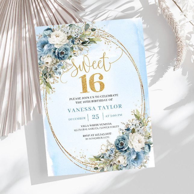 Invitación Classic Dusty Blue Floral Sweet 16th Birthday  (Classic Dusty Blue Floral Sweet 16th Birthday Invite)