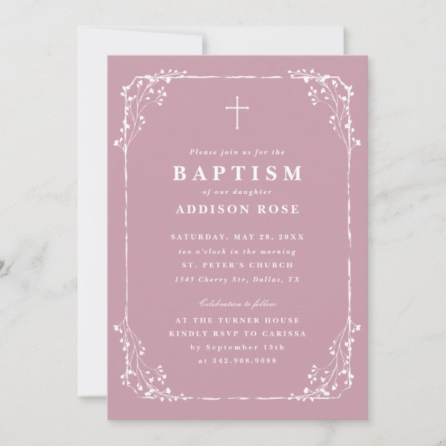Invitación Classic Dusty Pink Dainty Floral Frame Baptism (Anverso)