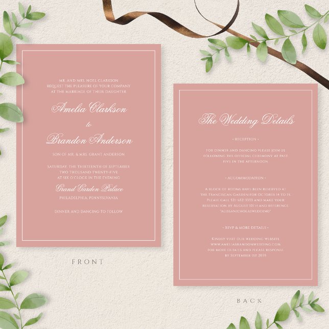 Invitación Classic Dusty Rose Border Script Wedding Details & (Subido por el creador)