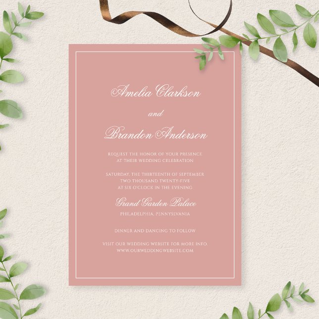 Invitación Classic Dusty Rose & White Border Script Wedding (Subido por el creador)