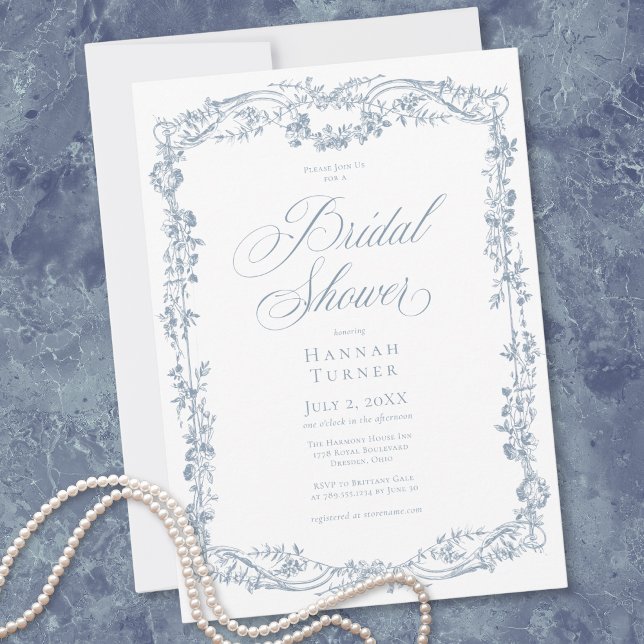Invitación Classic Elegant Blue Floral Frame Bridal Shower (Classic Elegant Blue Floral Frame Bridal Shower Invitation)