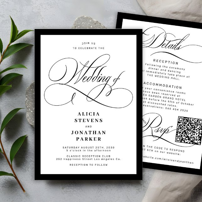 Invitación Classic elegant calligraphy QR code wedding (Subido por el creador)