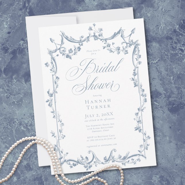Invitación Classic Elegant Dusty Blue Delicate Floral Shower (Classic Elegant Dusty Blue Delicate Floral Shower Invitation)