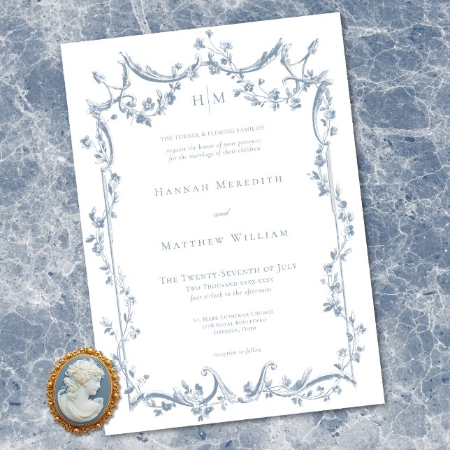 Invitación Classic Elegant Dusty Blue Delicate Floral Wedding (Classic Elegant Dusty Blue Delicate Floral Wedding Invitation)