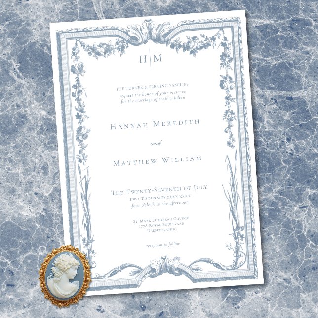 Invitación Classic Elegant Dusty Blue Floral Frame Wedding (Classic Elegant Dusty Blue Floral Frame Wedding Invitation)
