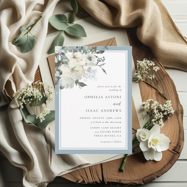 Invitación Classic Elegant Dusty Blue Ivory Floral Wedding (Subido por el creador)