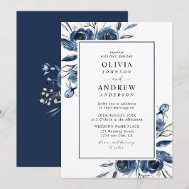Invitación Classic Elegant Navy Blue Watercolor Wedding