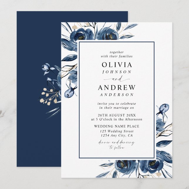 Invitación Classic Elegant Navy Blue Watercolor Wedding (Anverso / Reverso)