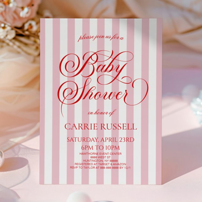 Invitación Classic Elegant Red Pink Stripes Girl Baby Shower (Subido por el creador)