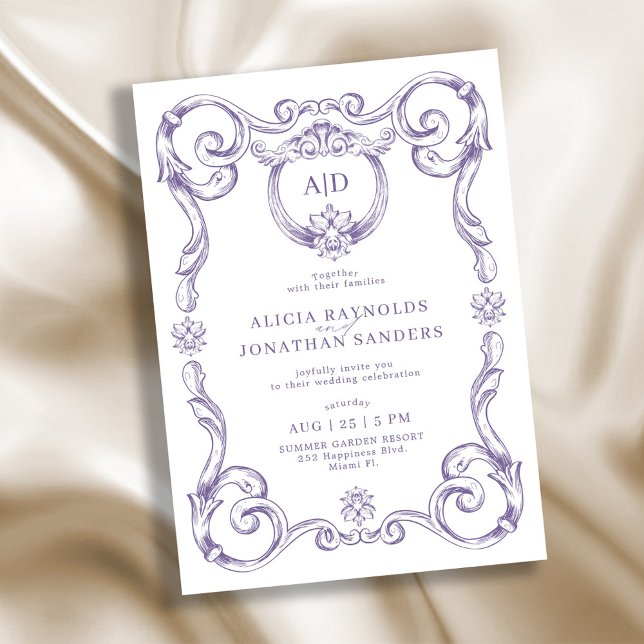 Invitación Classic elegant rococo lavender monogram wedding (Subido por el creador)