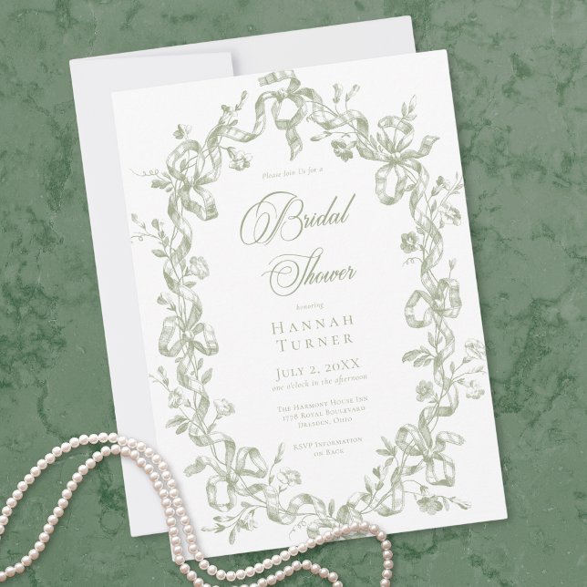 Invitación Classic Elegant Sage Oval Ribbon Bridal Shower (Classic Elegant Sage Oval Ribbon Bridal Shower Invitation)
