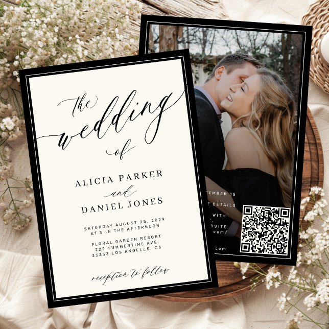 Invitación Classic elegant script QR code photo wedding (Subido por el creador)