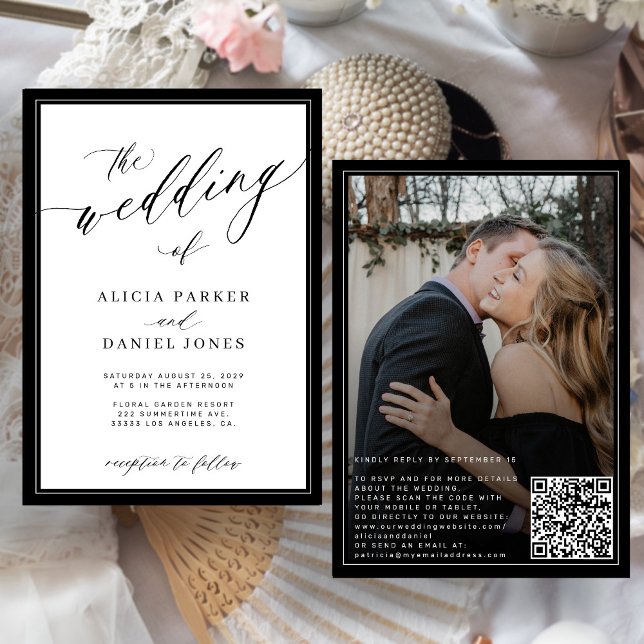 Invitación Classic elegant script QR code photo wedding (Subido por el creador)