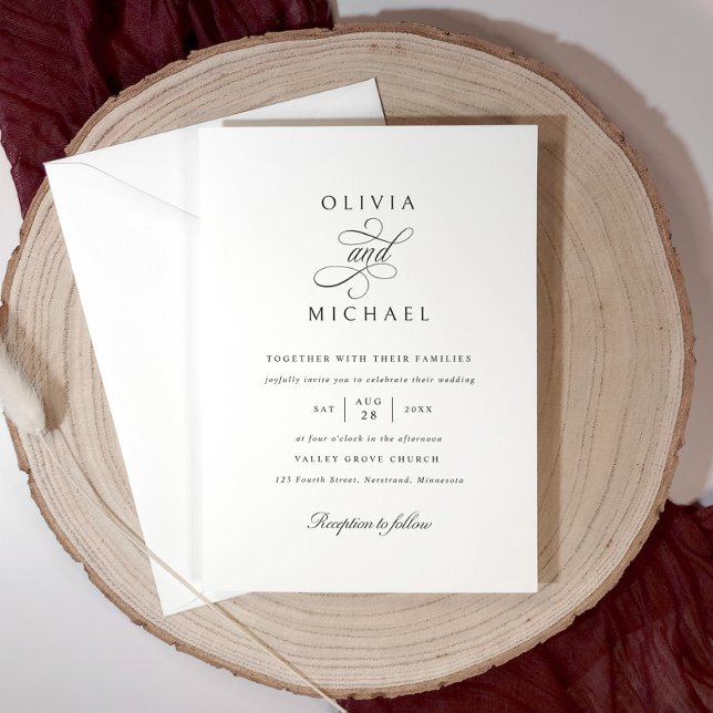 Invitación Classic Elegant Simple Calligraphy Wedding (Simple black and white wedding invitation with elegant classic calligraphy script.)