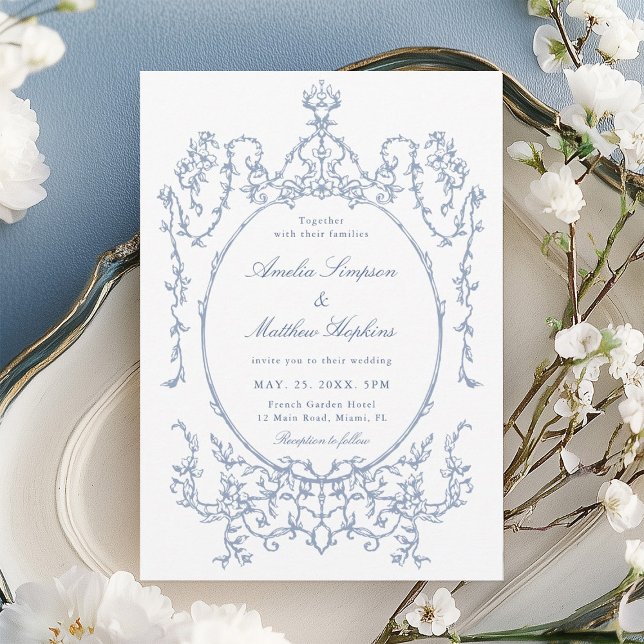 Invitación Classic Floral Frame Dusty Blue Wedding            (Subido por el creador)