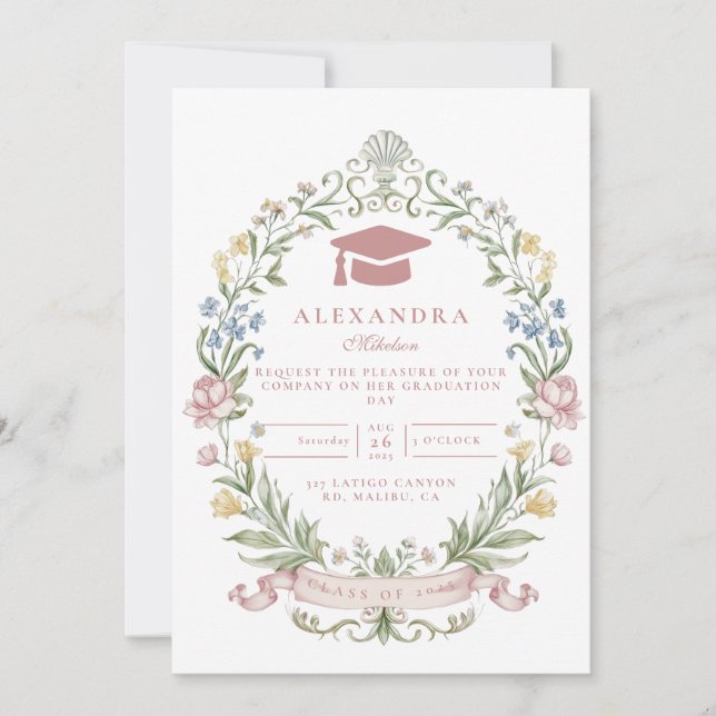 Invitación Classic Floral Wreath Graduation (Anverso)