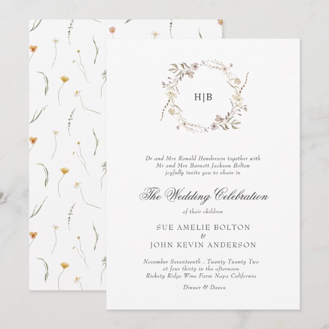 Invitación Classic Floral Wreath Monogram Surname Wedding  (Anverso / Reverso)
