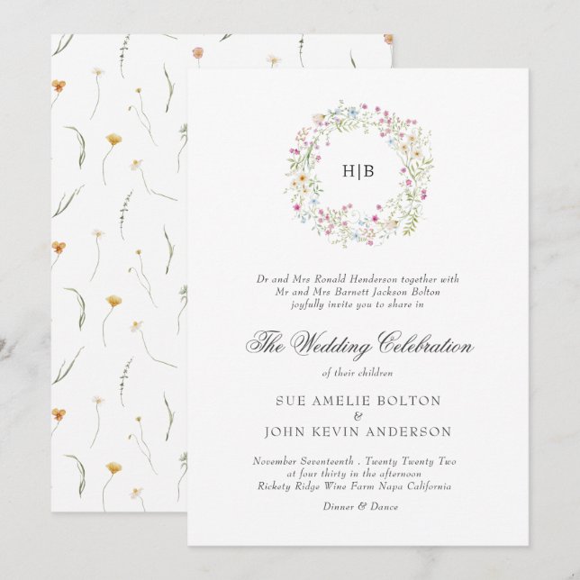 Invitación Classic Floral Wreath Monogram Surname Wedding  (Anverso / Reverso)